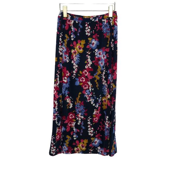 90s Vintage Jaclyn Smith Blue Floral High Rise A-Line Side Slit Maxi Skirt Small - Picture 3 of 7